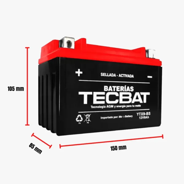 Medidas - Batería Tecbat M-YTX9-BS libre de mantenimiento y lista para instalar.